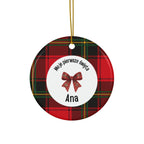 Moje pierwsze święta Polish Personalized Ceramic Ornament - Red Tartan, Baby's First Christmas by Printify
