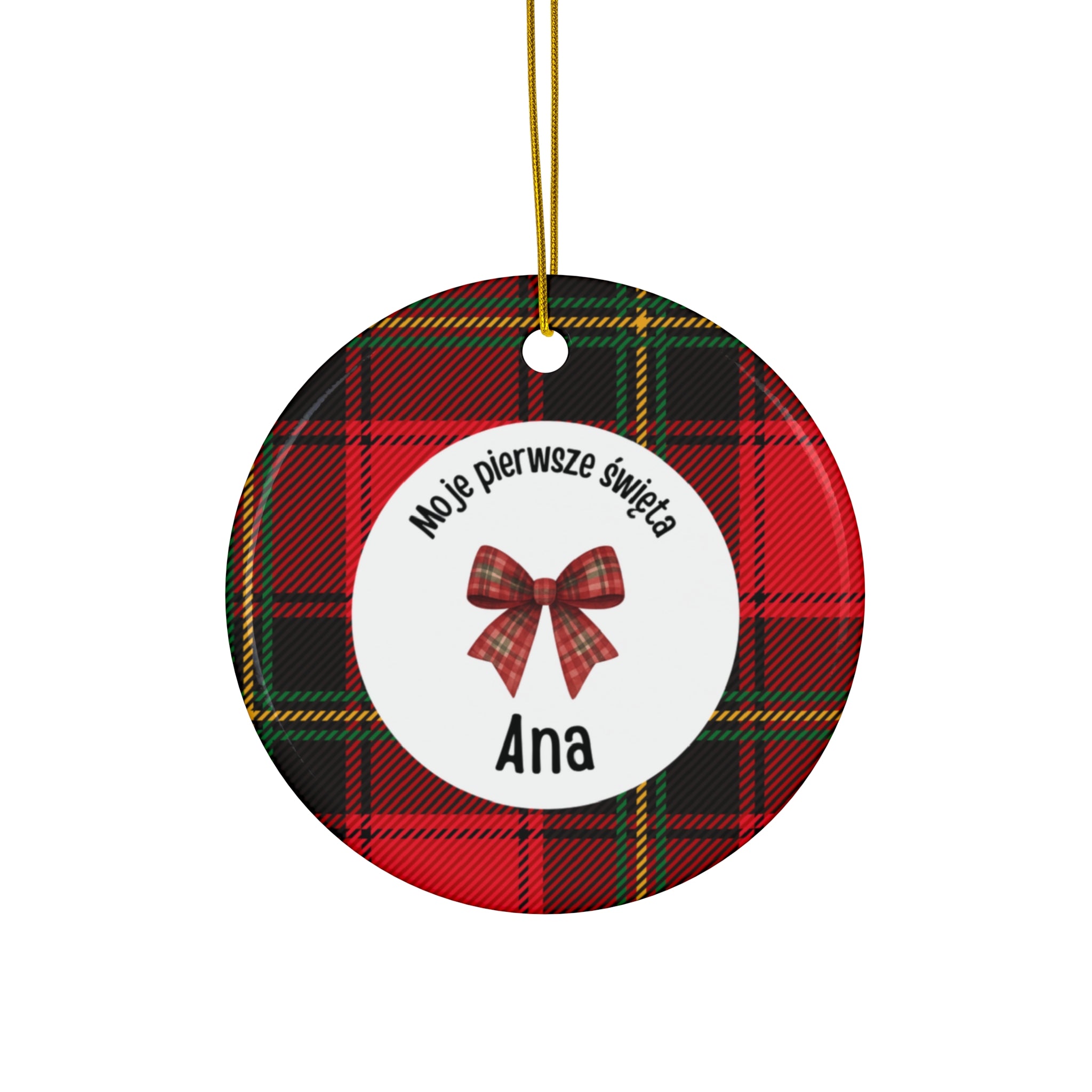 Moje pierwsze święta Polish Personalized Ceramic Ornament - Red Tartan, Baby's First Christmas