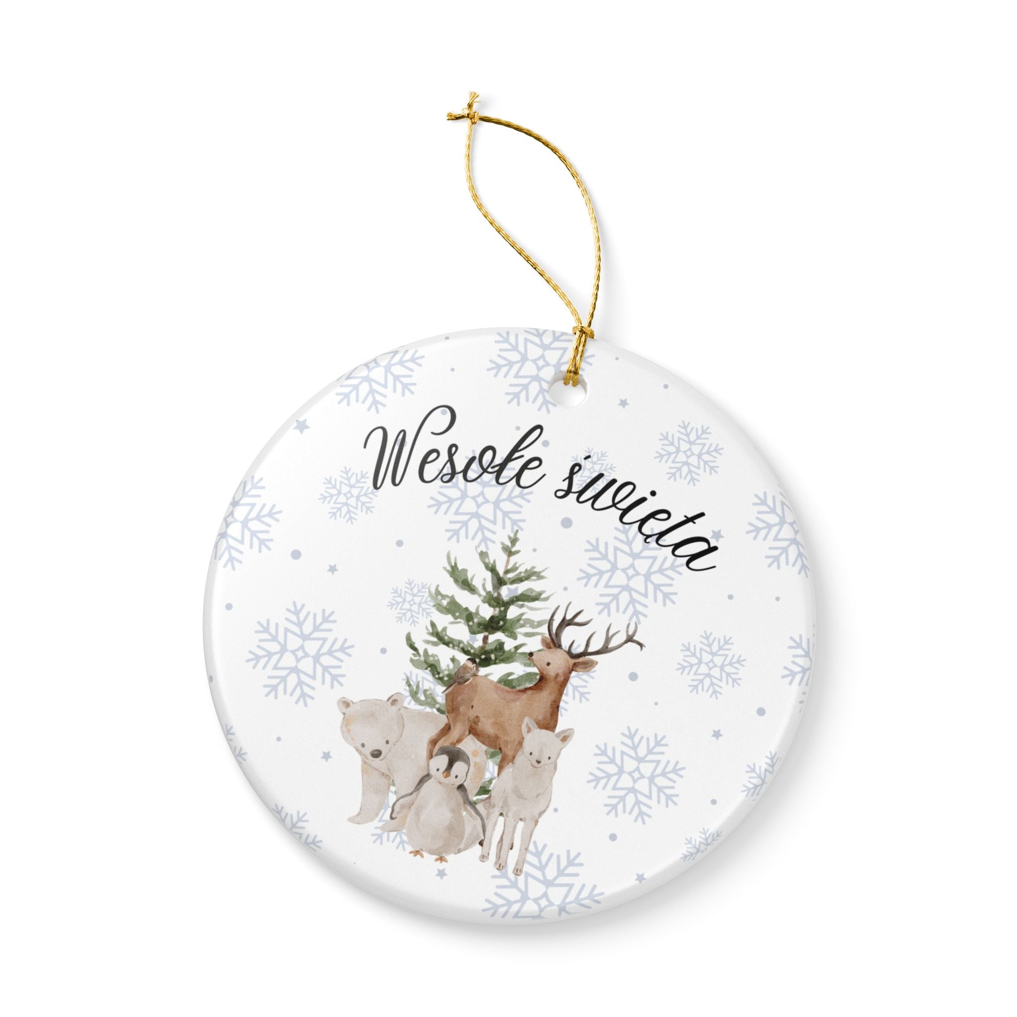 Wesole Swieta Woodland Animals Ornament, Polish Merry Christmas Ceramic Christmas Decoration