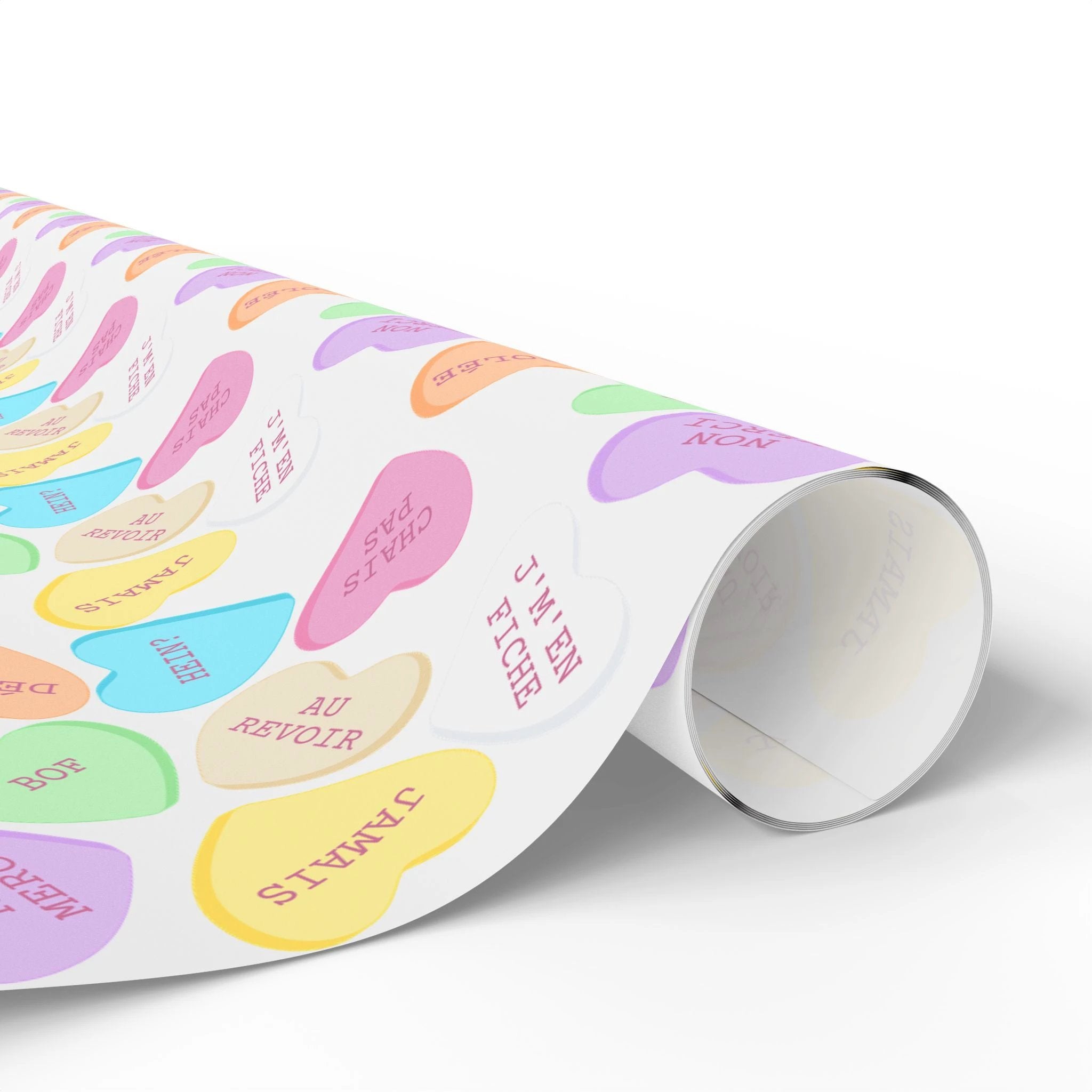 Sassy French Conversation candy Heart Wrapping Paper, Pastel Valentine Gift Wrap by Printify