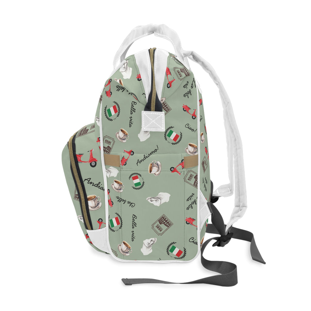 Italian chic Pattern Diaper Backpack with espresso, scooter, Italian flag, and Italian phrases