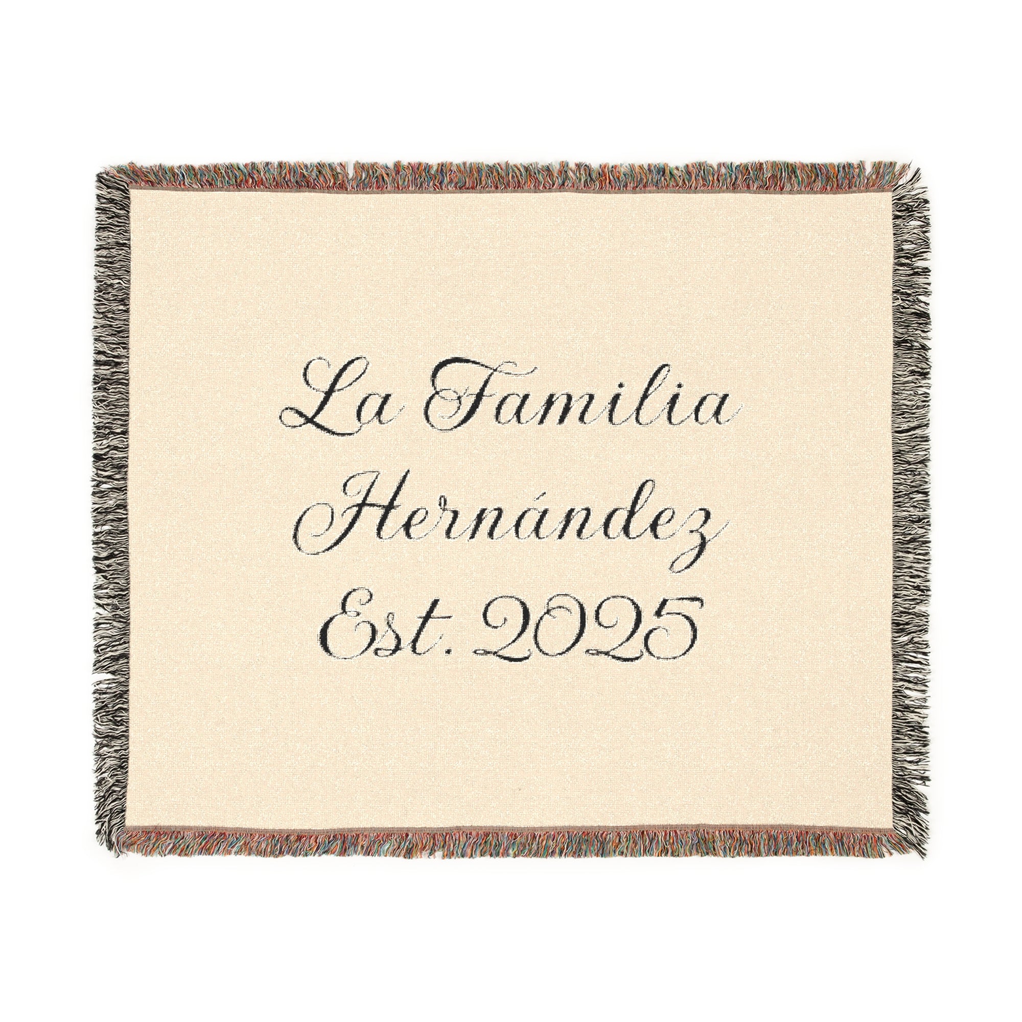 Manta tejida personalizada con apellido familiar y año