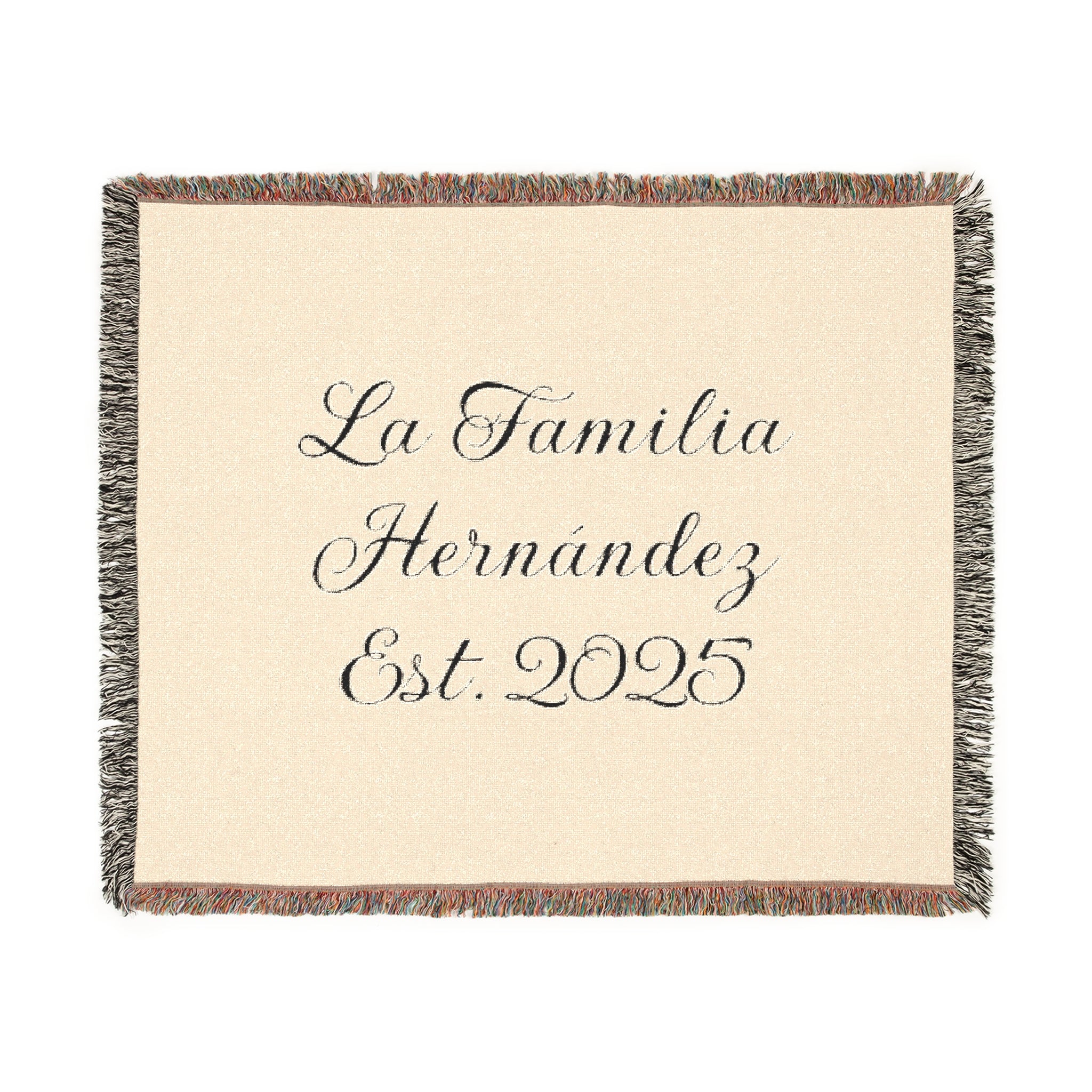 Manta tejida personalizada con apellido familiar y año