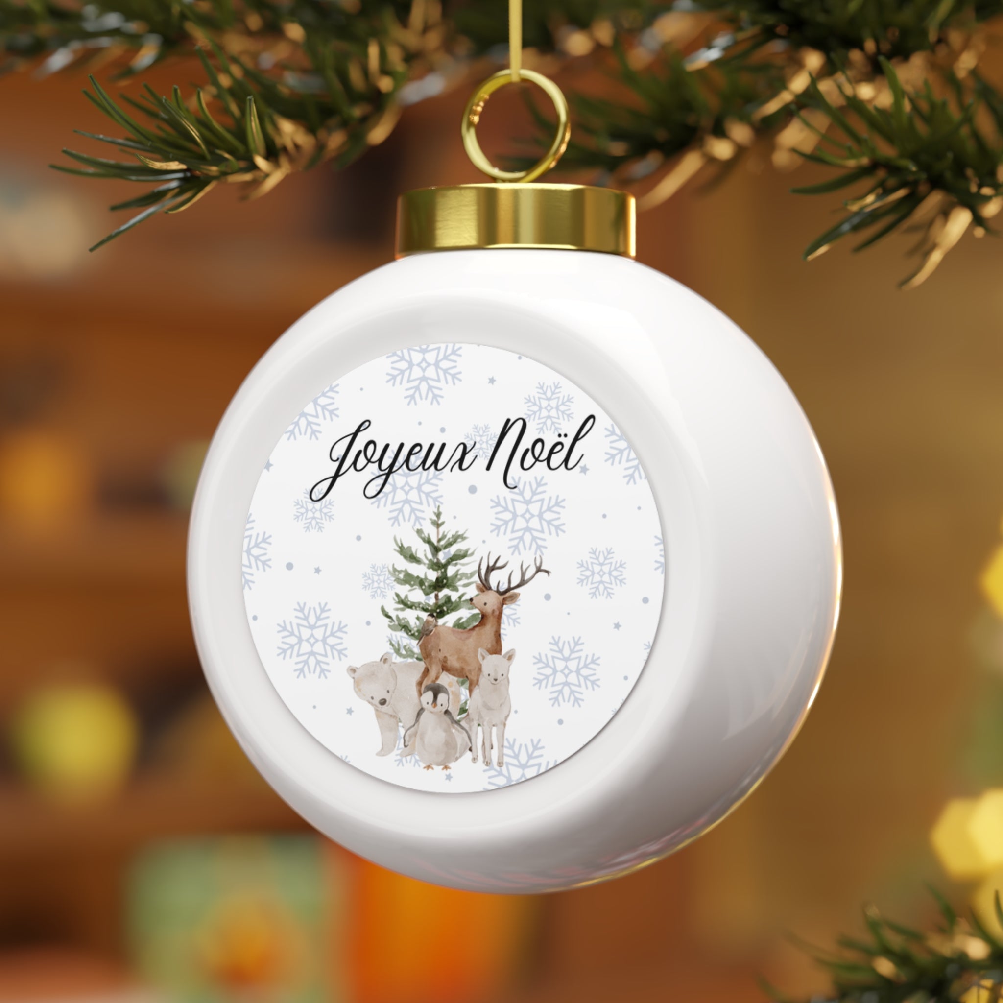 Joyeux Noël Woodland Deer Ornament, Christmas Ball Ornament