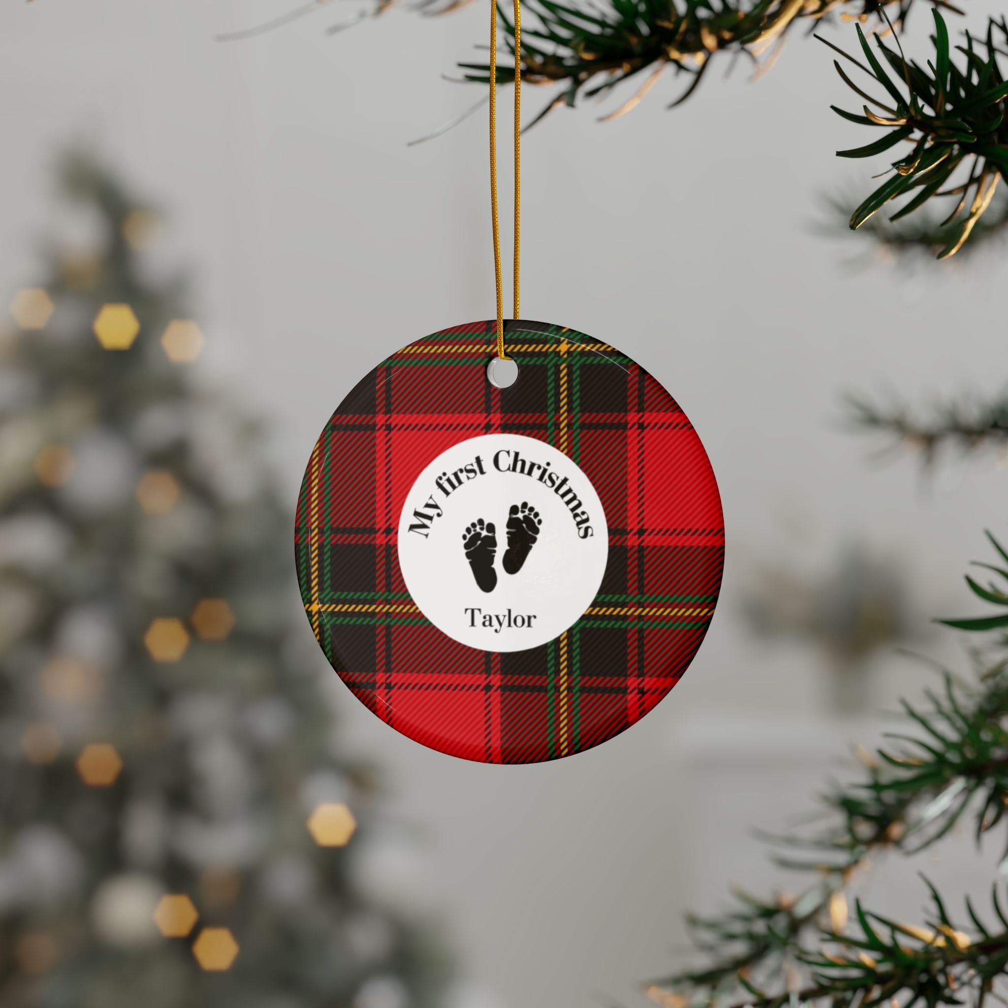 Personalized 'My First Christmas' Baby Ornament — Red Tartan Ceramic ornament in 4 shapes with Custom Name