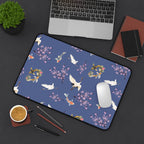 Elegant Cranes, Koi fish, and Cherry Blossom Desk Mat, Blue Floral Desk Pad