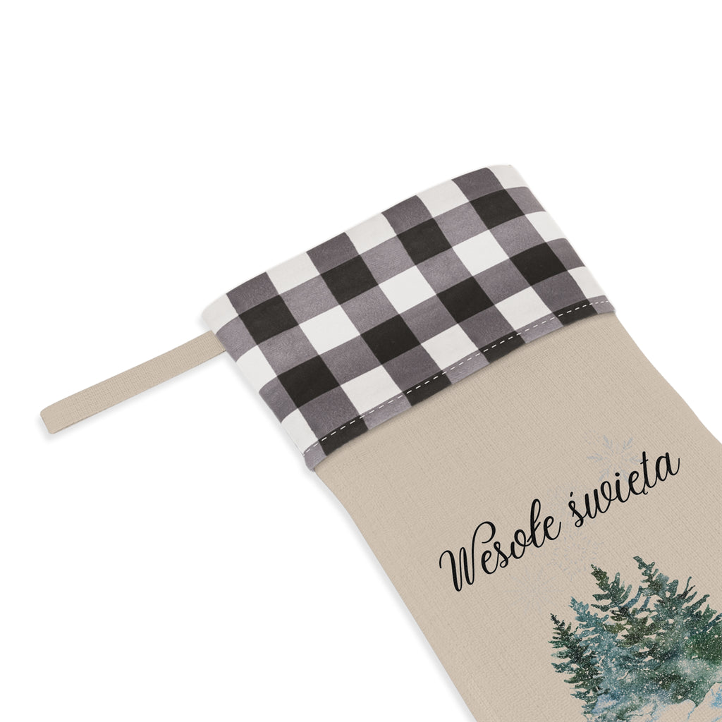 Wesołe święta Polish Merry Christmas pine trees Christmas Stocking, buffalo plaid cuff, beige fabric