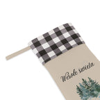 Wesołe święta Polish Merry Christmas pine trees Christmas Stocking, buffalo plaid cuff, beige fabric by Printify