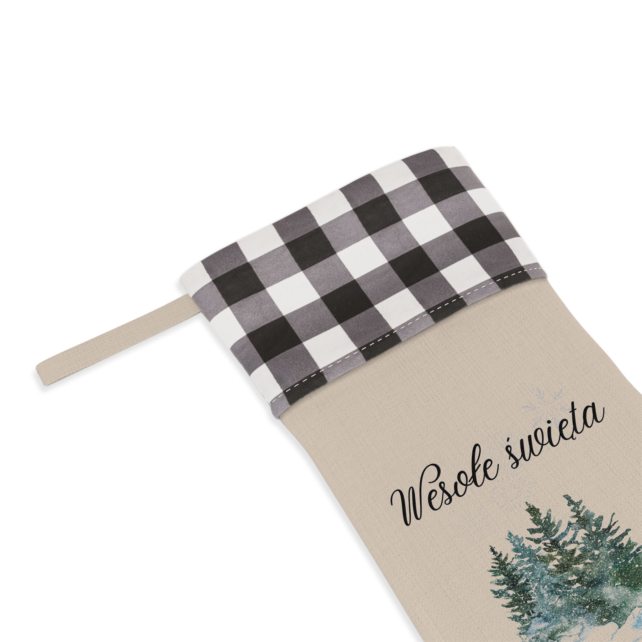 Wesołe święta Polish Merry Christmas pine trees Christmas Stocking, buffalo plaid cuff, beige fabric