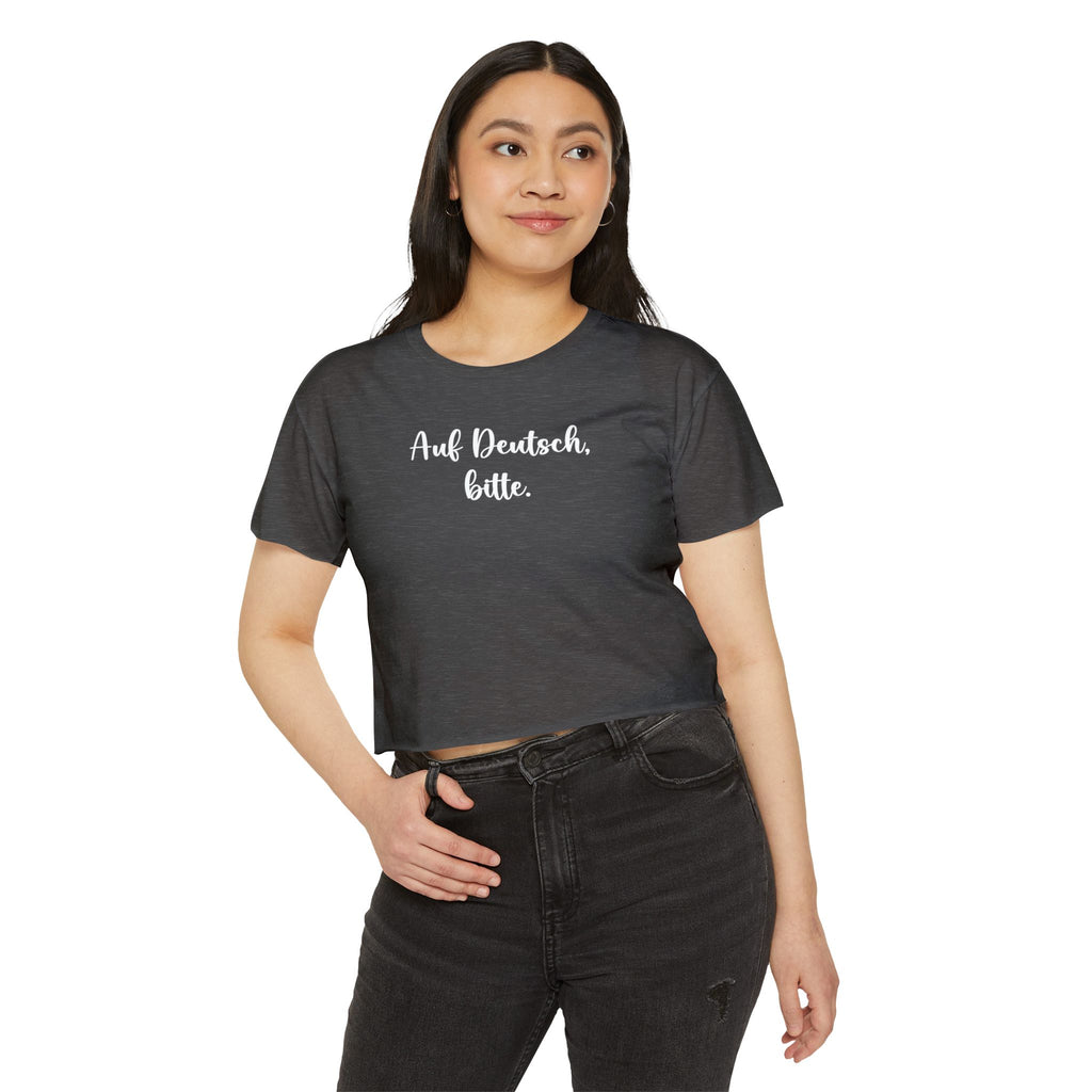 Auf Deutsch, bitte script crop top, German phrase tee, minimalist typography