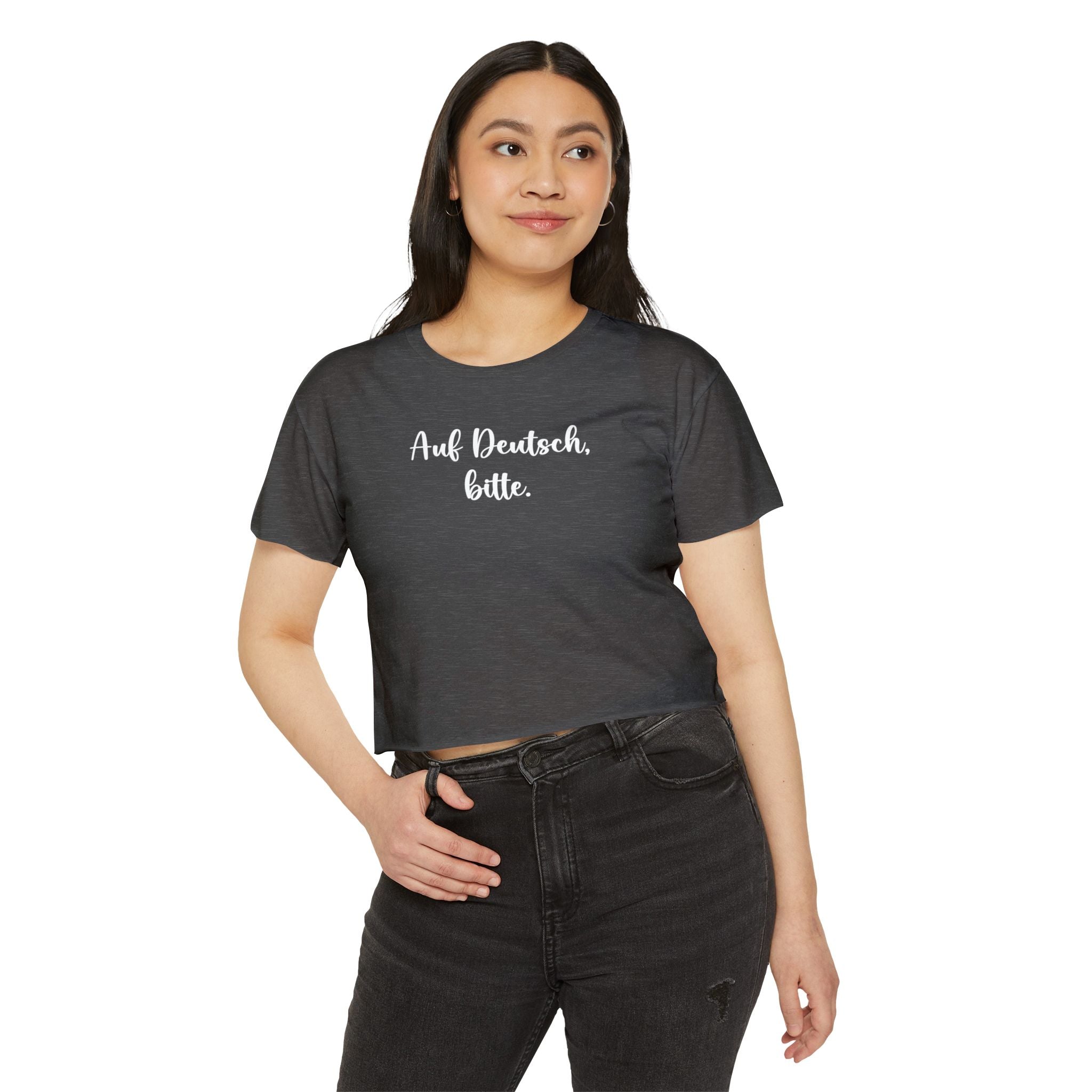 Auf Deutsch, bitte script crop top, German phrase tee, minimalist typography