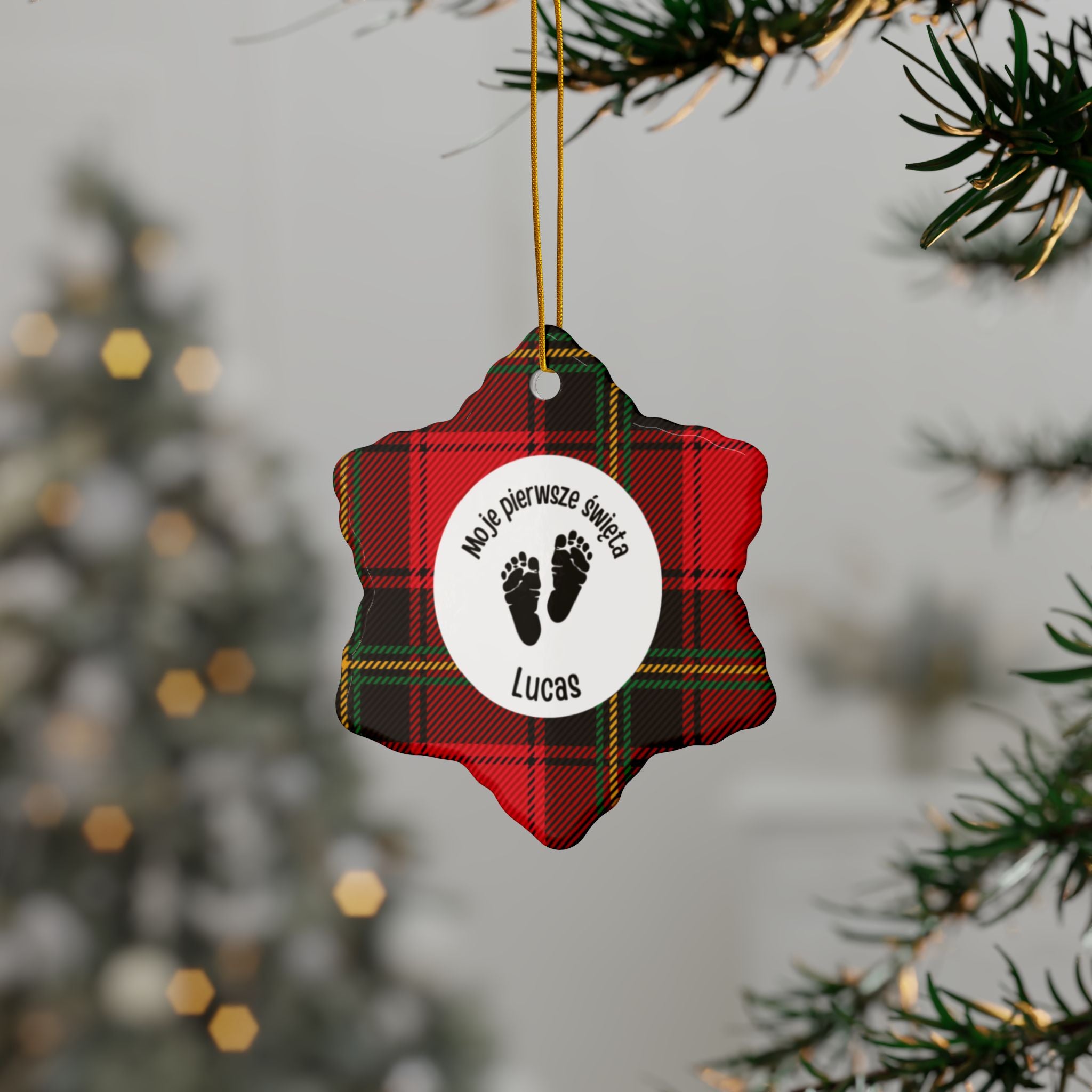 Moje pierwsze święta - Personalized Baby’s First Christmas Ceramic Ornament — Red Tartan Double-Sided