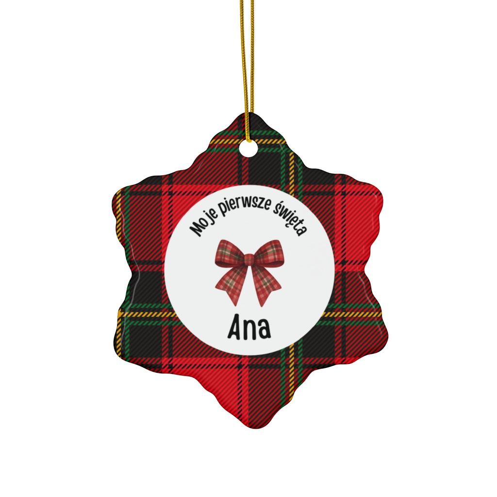 Moje pierwsze święta Polish Personalized Ceramic Ornament - Red Tartan, Baby's First Christmas