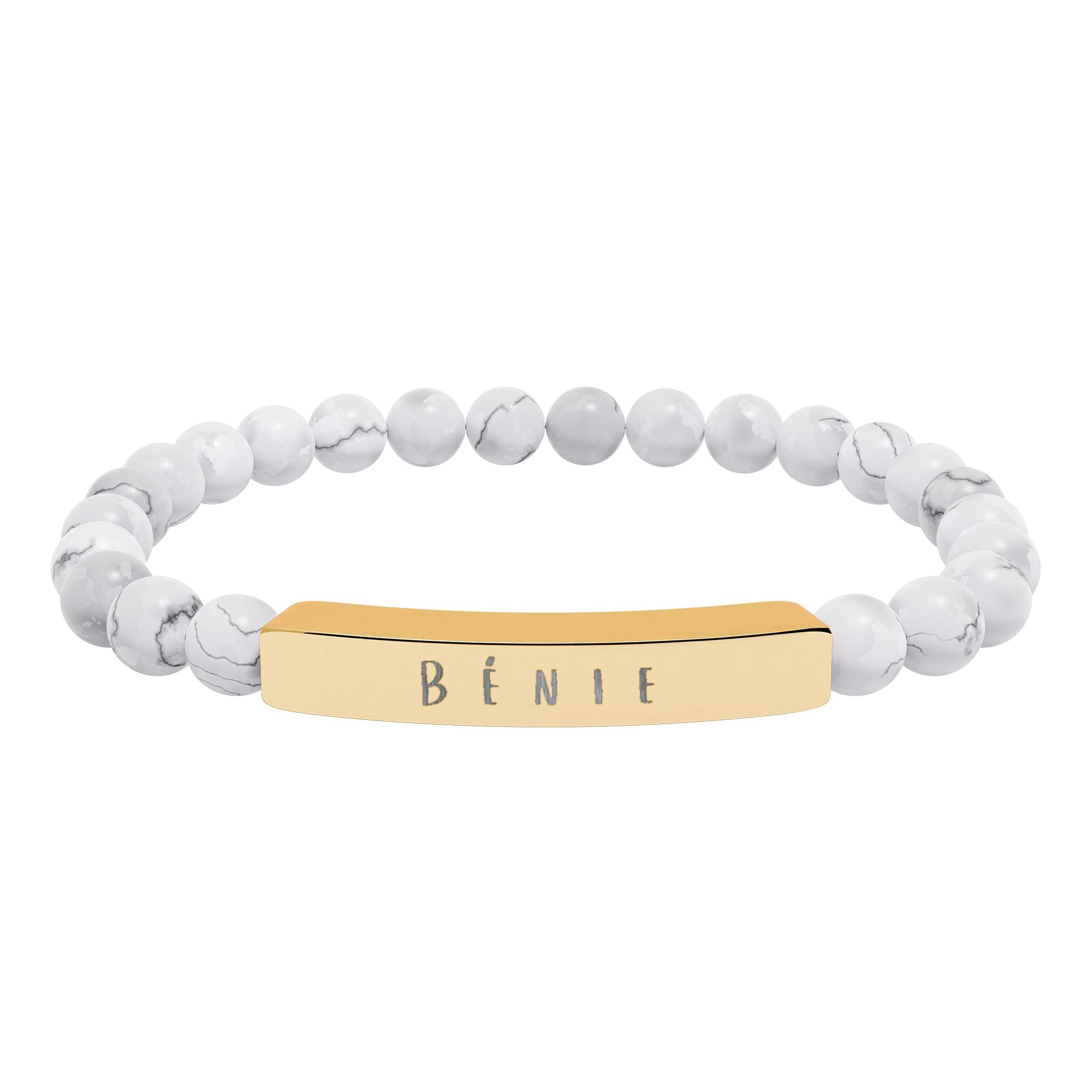 Bénie (Blessed) French beaded Engraved Bar Natural Stone Bracelet, Stretch Bead Bracelet