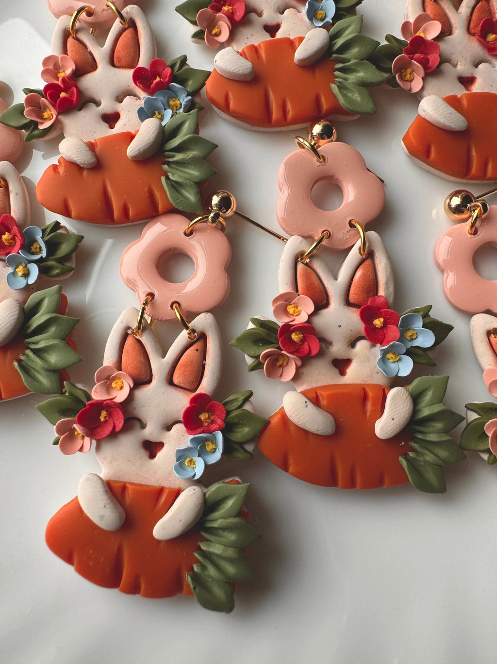 Carrot Hugging Bunny earrings, 14k gold plated nickel free, handmade with polymer clay by Shop Something Earthy