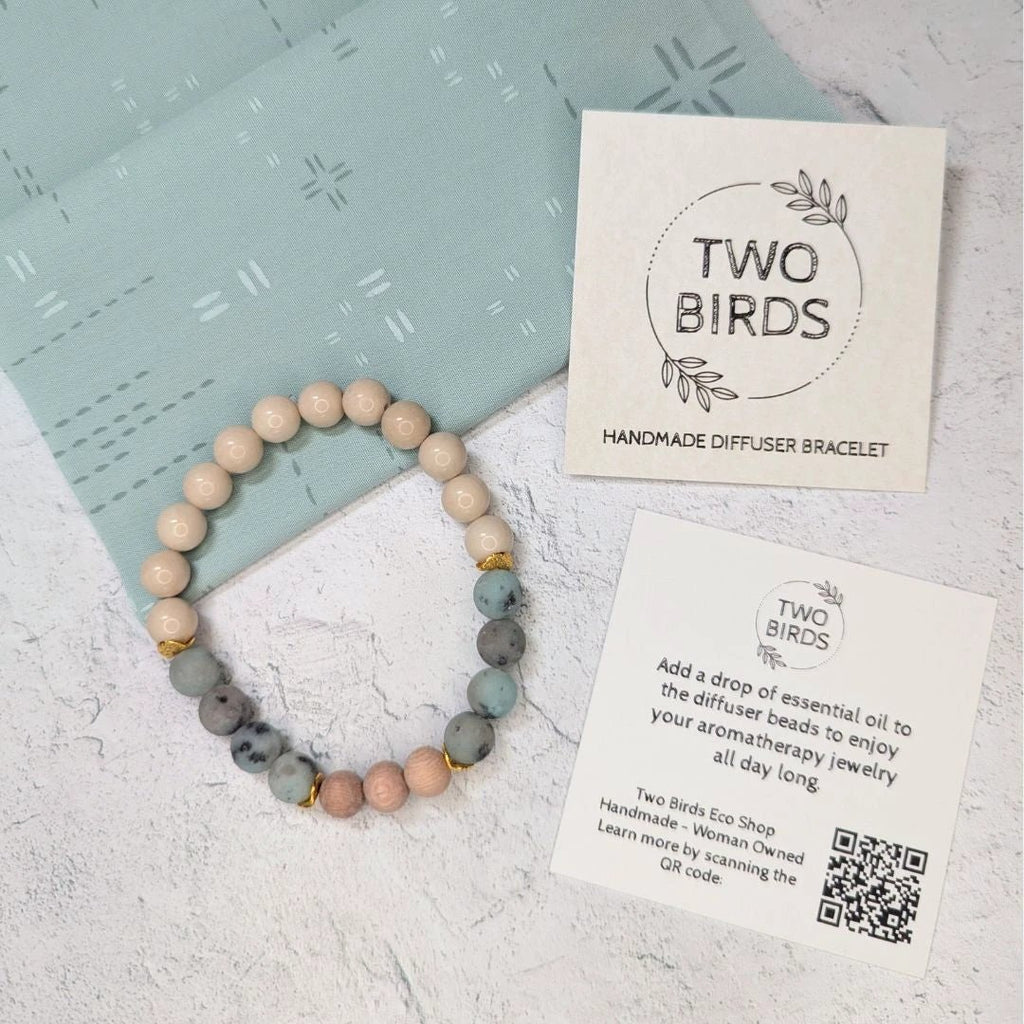 Gemstone Diffuser Bracelet - Fossil Jasper + Kiwi Jasper + Rosewood by Two Birds Eco Shop