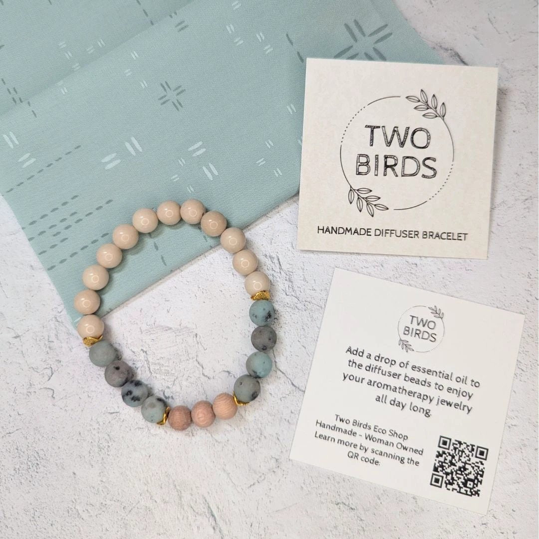 Gemstone Diffuser Bracelet - Fossil Jasper + Kiwi Jasper + Rosewood by Two Birds Eco Shop