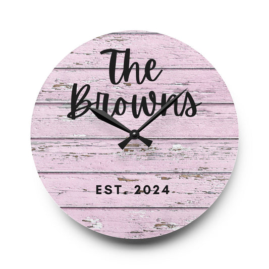 Custom pink rustic Acrylic Wall Clock, Personalized family name