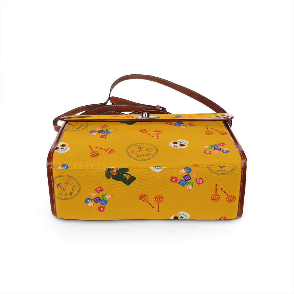 Mexican Pride Handbag, Papel Picado Mariachi Passport Stamp, Dia de los Muertos Skull Canvas Bag