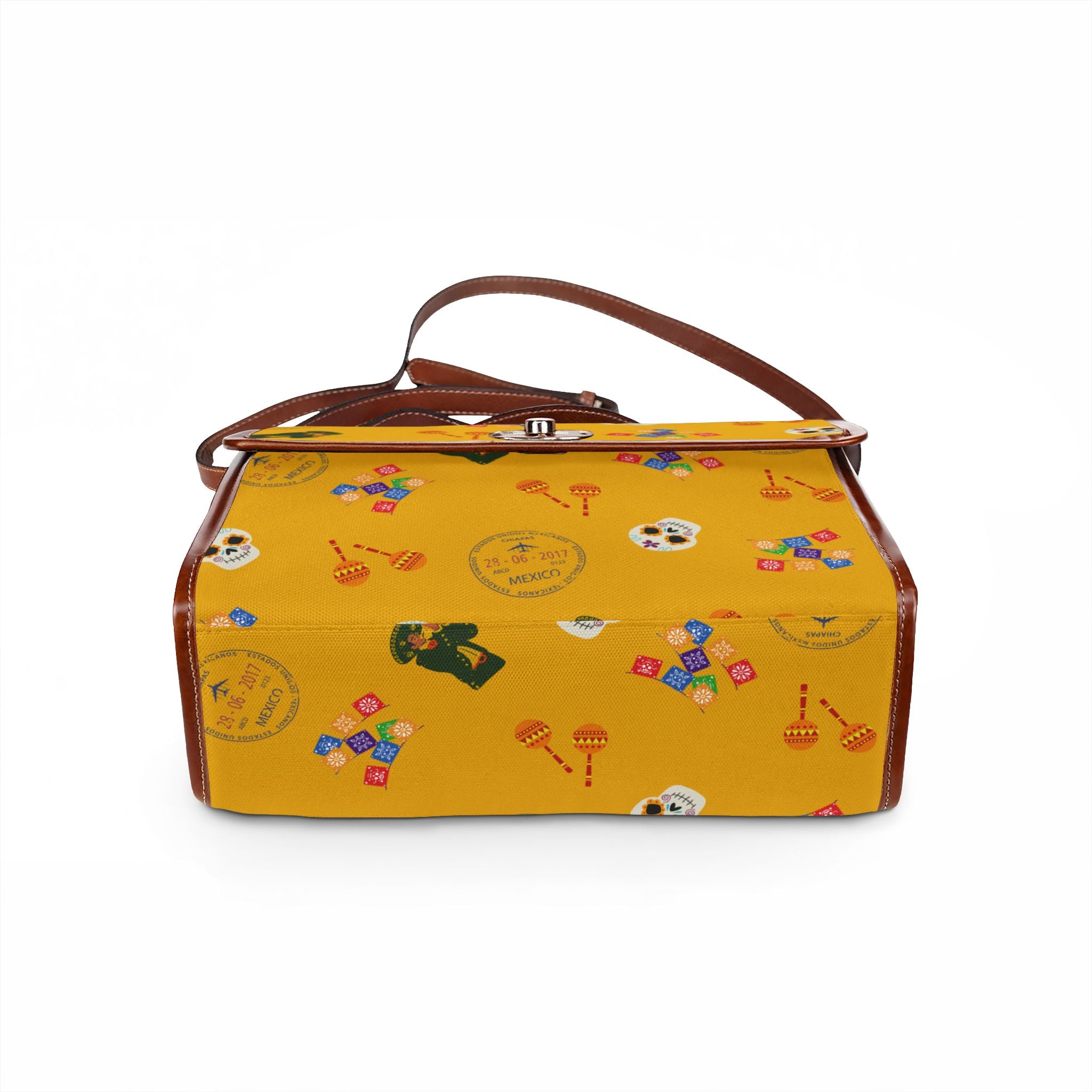 Mexican Pride Handbag, Papel Picado Mariachi Passport Stamp, Dia de los Muertos Skull Canvas Bag