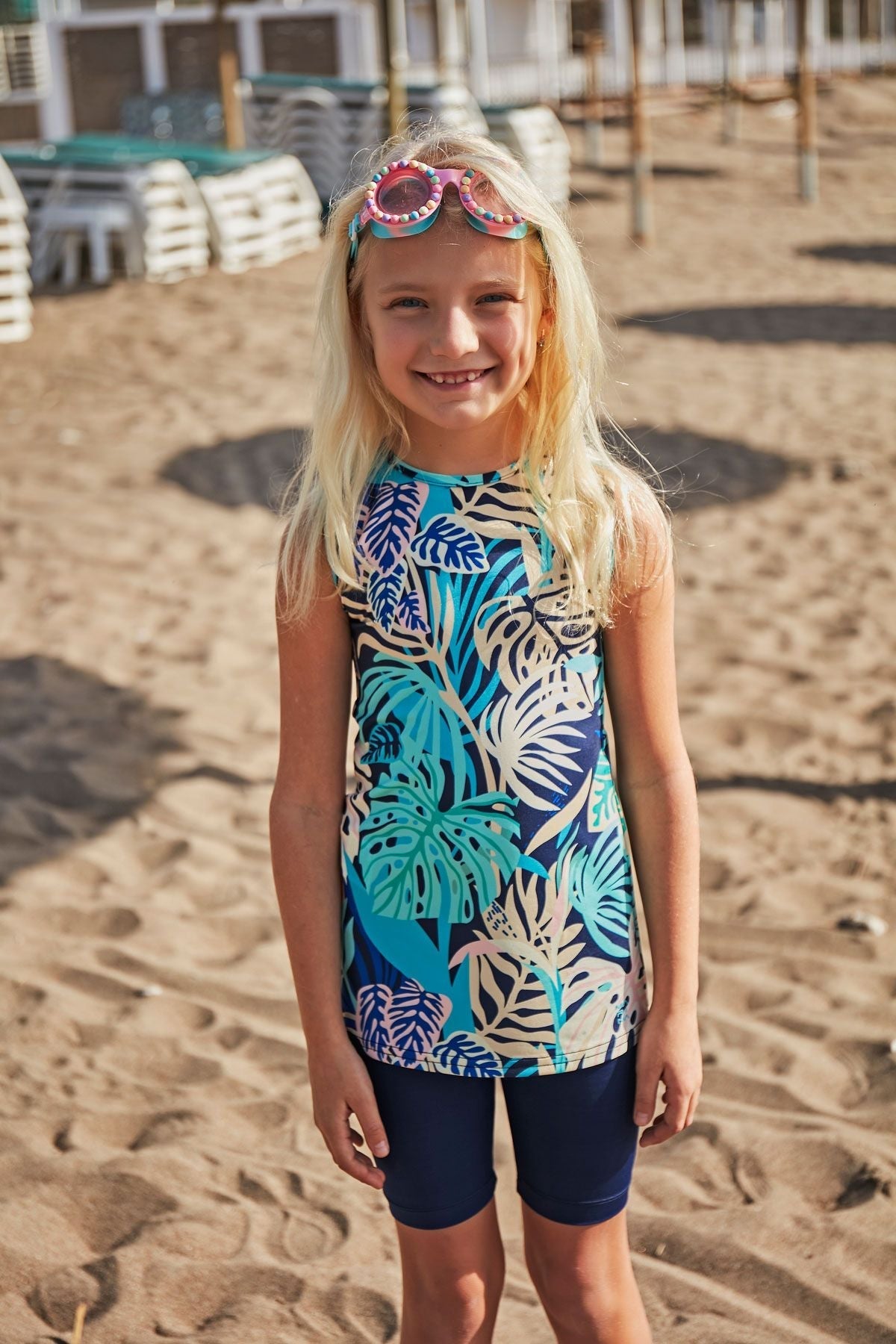 Marina Girls Modest Swimwear - Colorful/Navy Blue - K2403