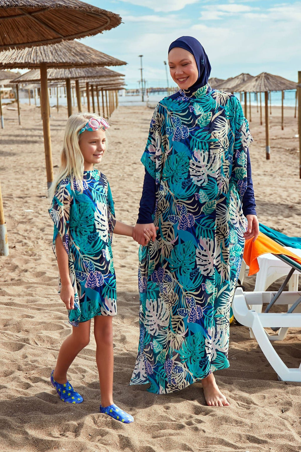Marina Girls Modest Swimwear - Colorful/Navy Blue - K2403