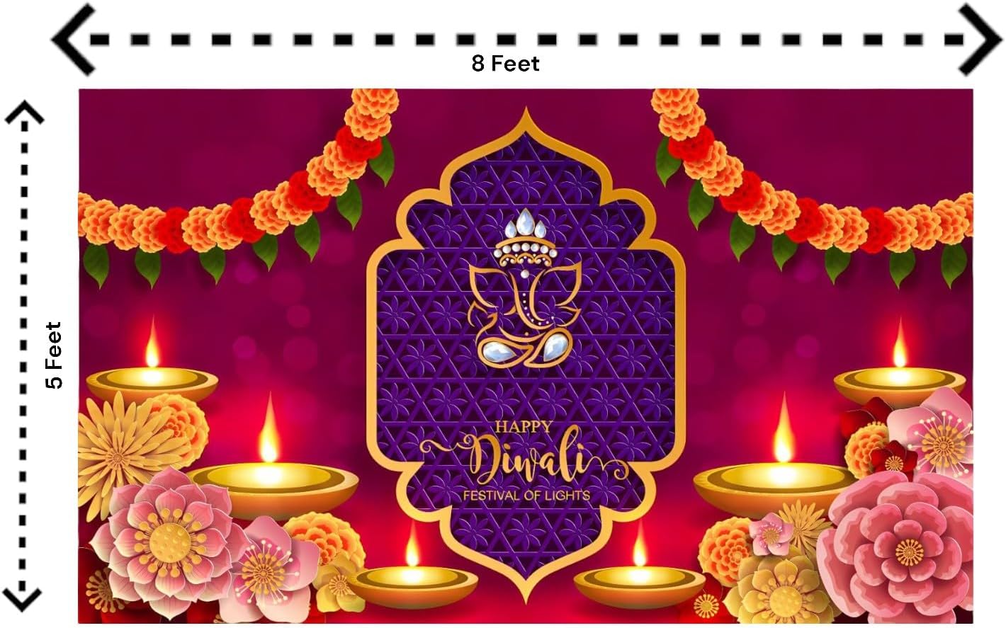 8x5 Feet Happy Diwali Fabric Reusable  Backdrop Banner