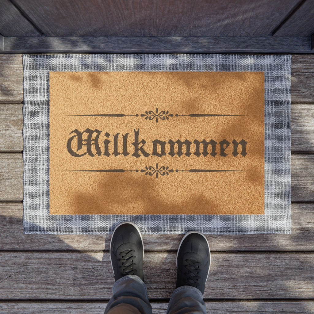 Willkommen Doormat – Rustic pixelated text German Welcome Coir Mat