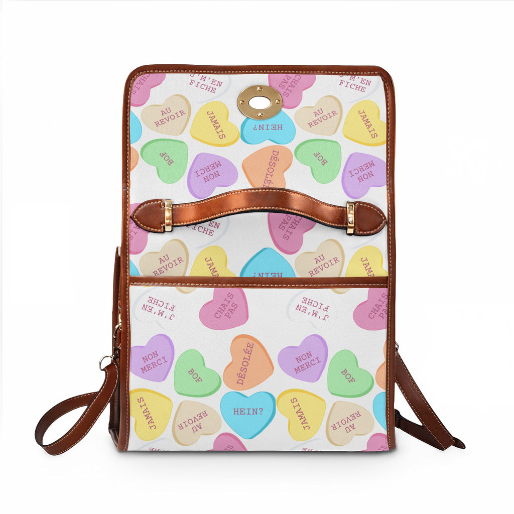 Sassy French Conversation Heart Pattern Waterproof Canvas purse, Pastel Candy Hearts Purse