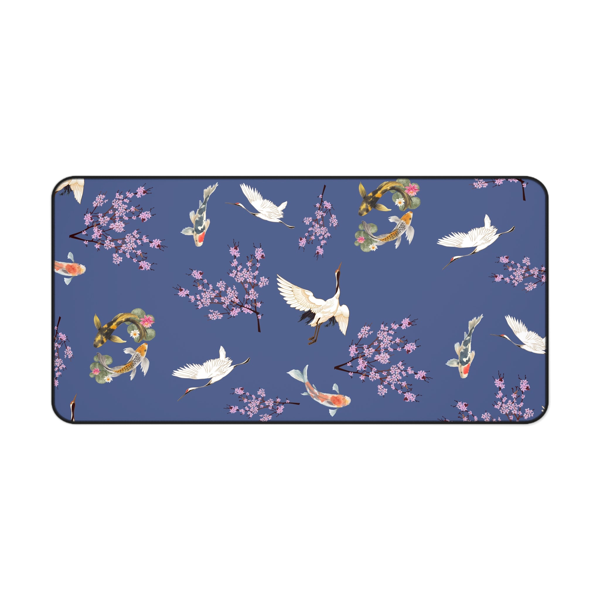 Elegant Cranes, Koi fish, and Cherry Blossom Desk Mat, Blue Floral Desk Pad