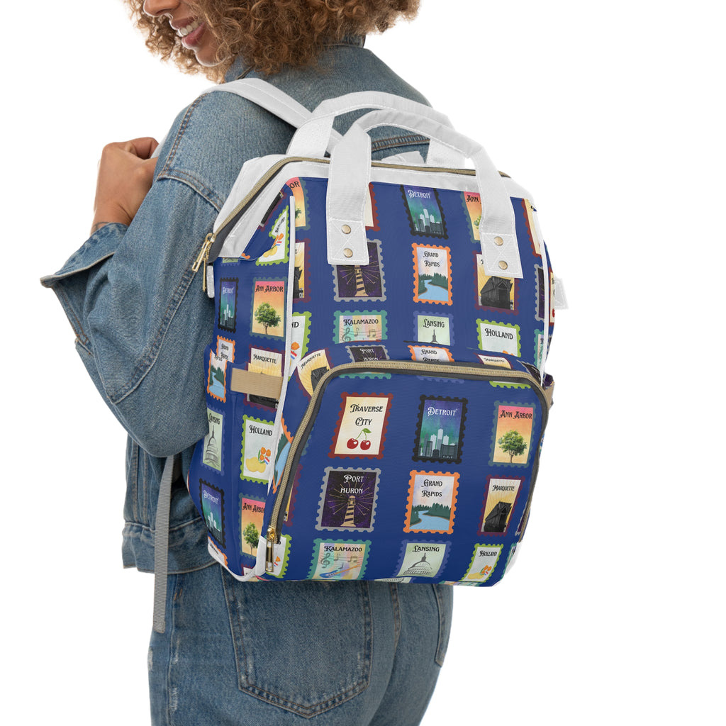 Great Lakes blue Michigan Postage Stamps Diaper Backpack, Blue Travel Stamp Print Multifunctional Baby Bag for Michganders