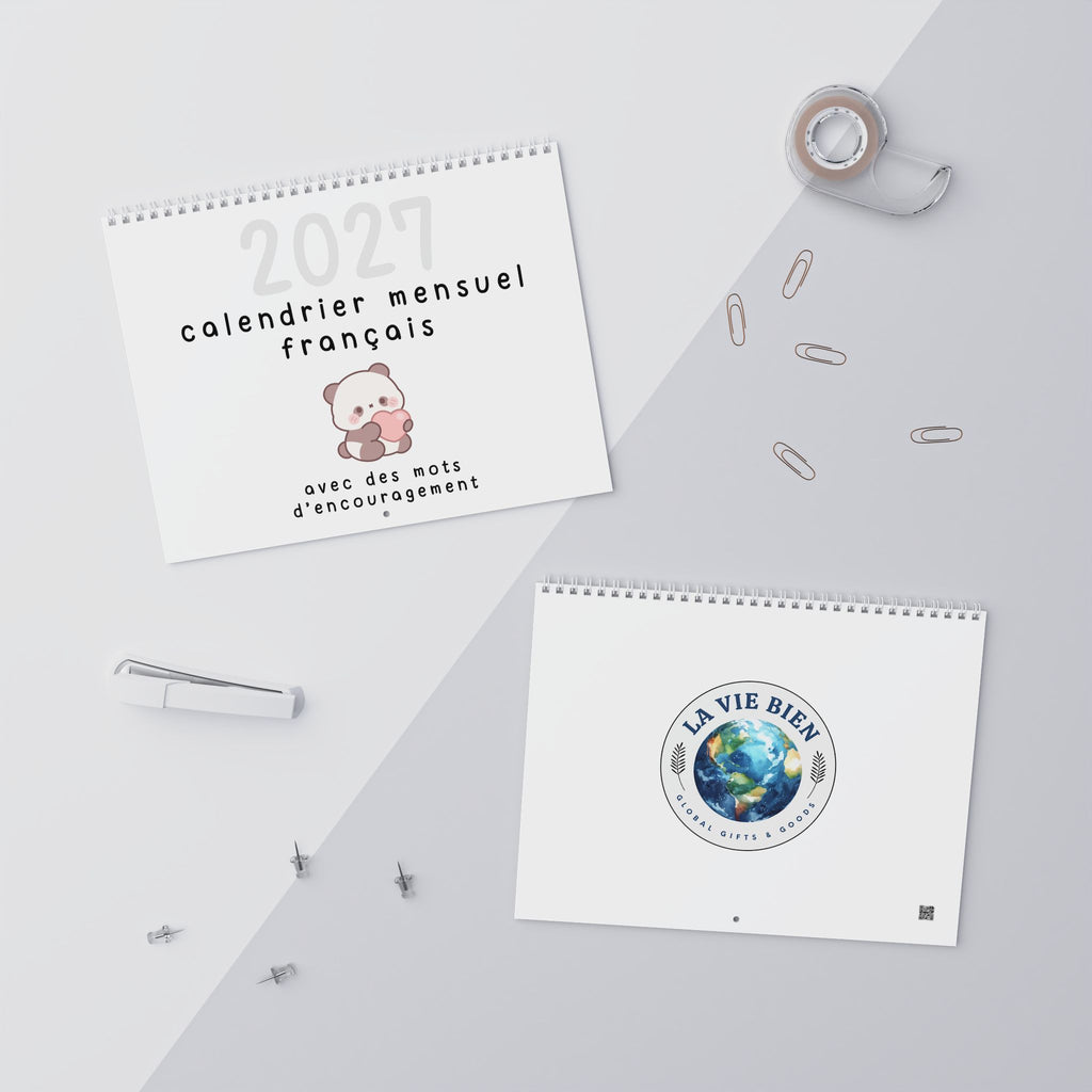 French motivational phrases kawaii Monthly Wall Calendar 2027, Cute Encouragement Calendar