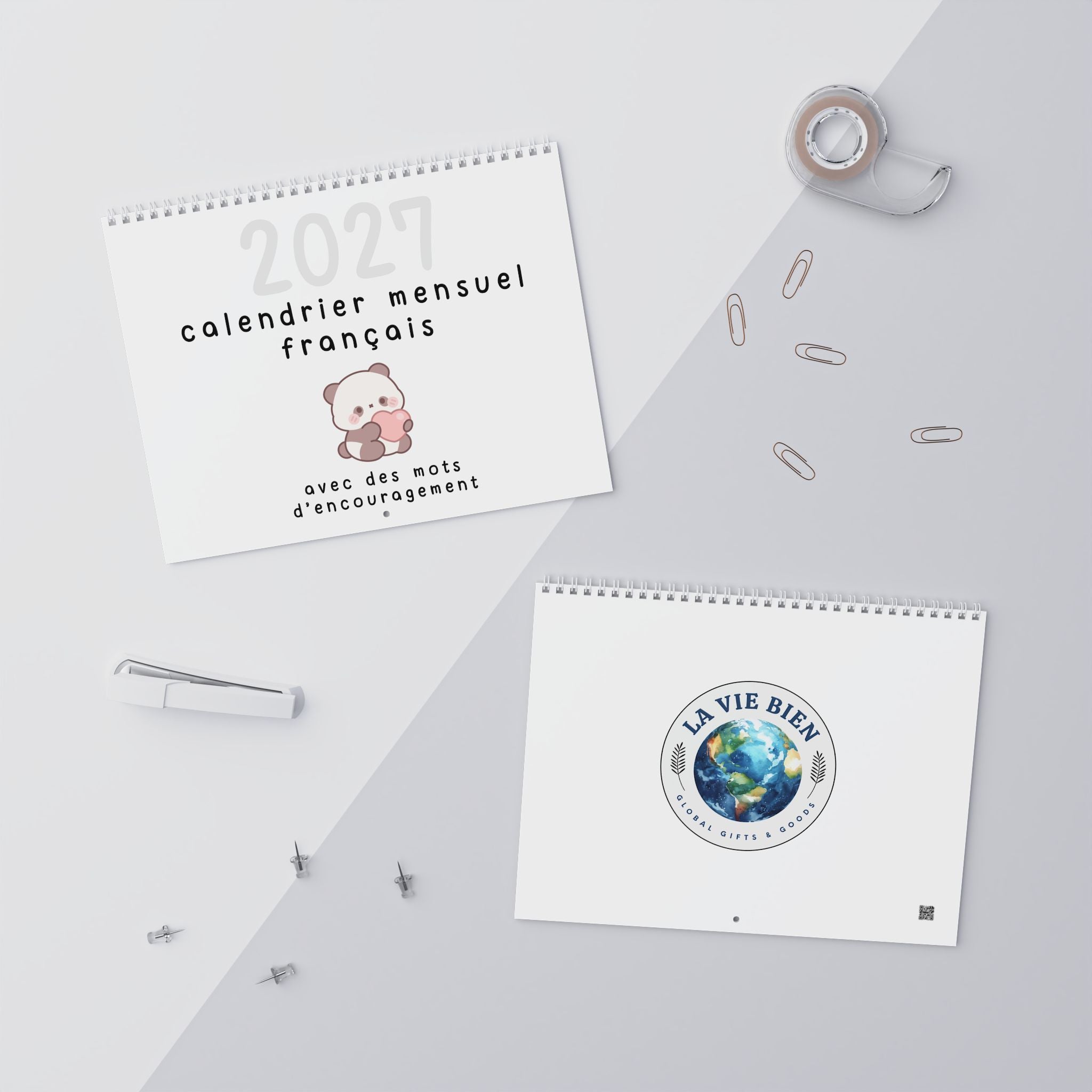 French motivational phrases kawaii Monthly Wall Calendar 2027, Cute Encouragement Calendar