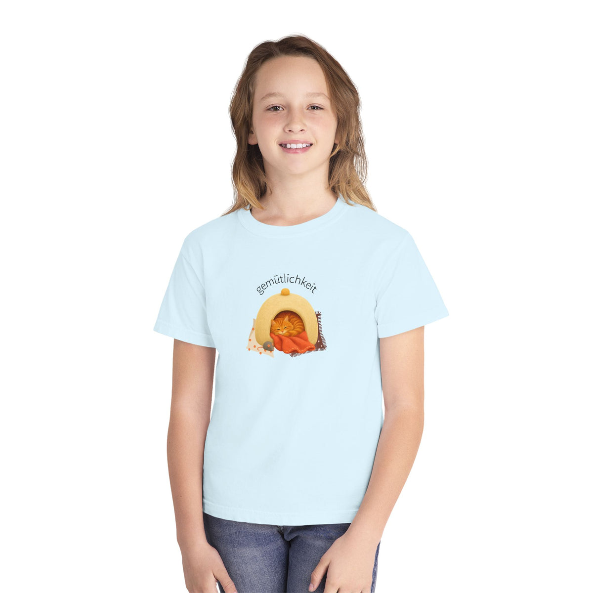 Gemütlichkeit Cozy Cat Youth Tee – German-Inspired Kids Graphic Shirt