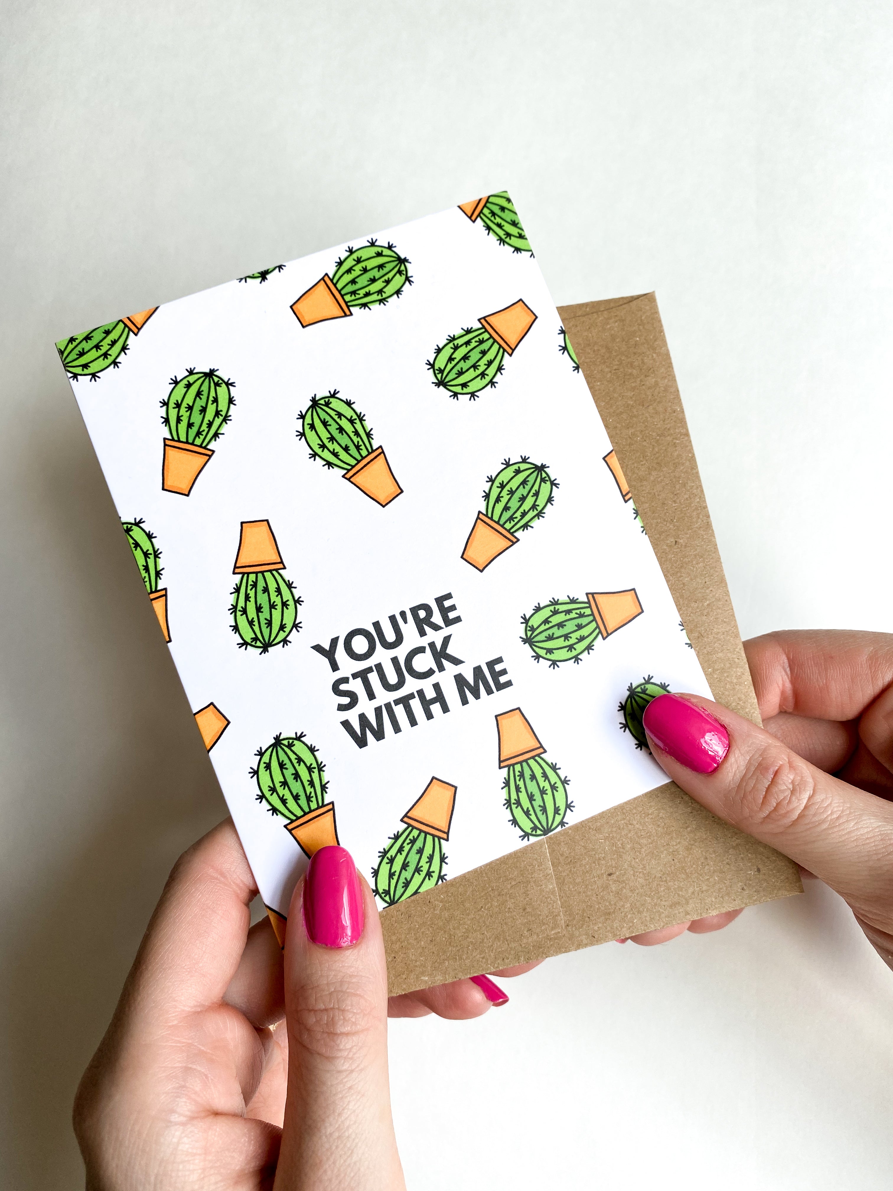 Funny Cactus Valentine’s Day Card – “You’re Stuck With Me” – Cute Plant Lover Greeting
