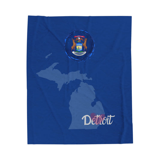 Detroit Michigan Navy Blue City and State Velveteen Plush Blanket