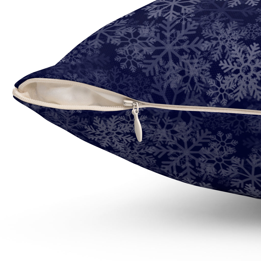 Joyeux Noël dark blue Holiday Throw Pillow, Festive Winter Village Décor with snowflake print and cozy winter theme