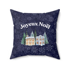 Joyeux Noël dark blue Holiday Throw Pillow, Festive Winter Village Décor with snowflake print and cozy winter theme