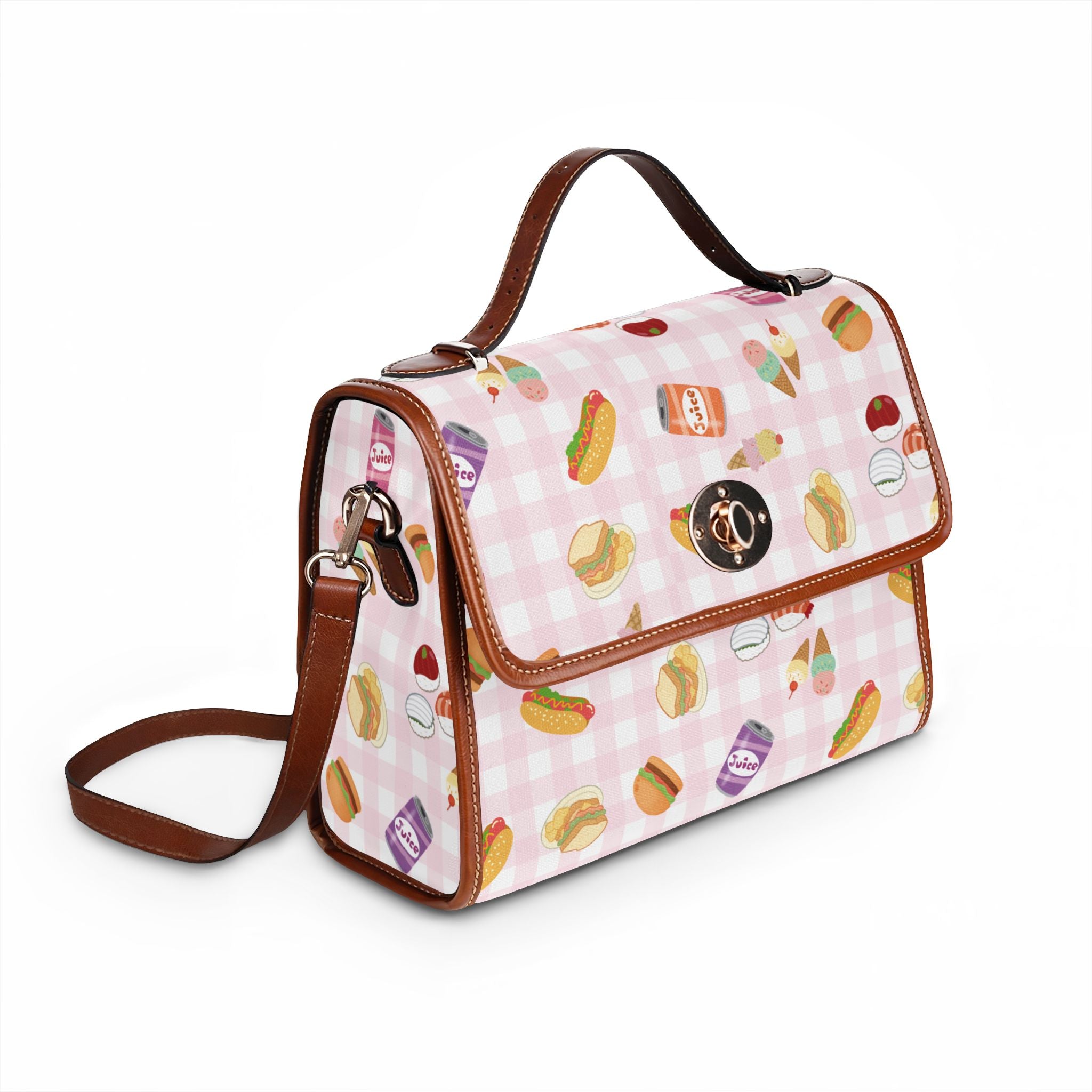 Foodie Picnic Snacks pink gingham Pattern Waterproof Canvas purse with top handle and shoulder strap, vegan leather foodie accessory