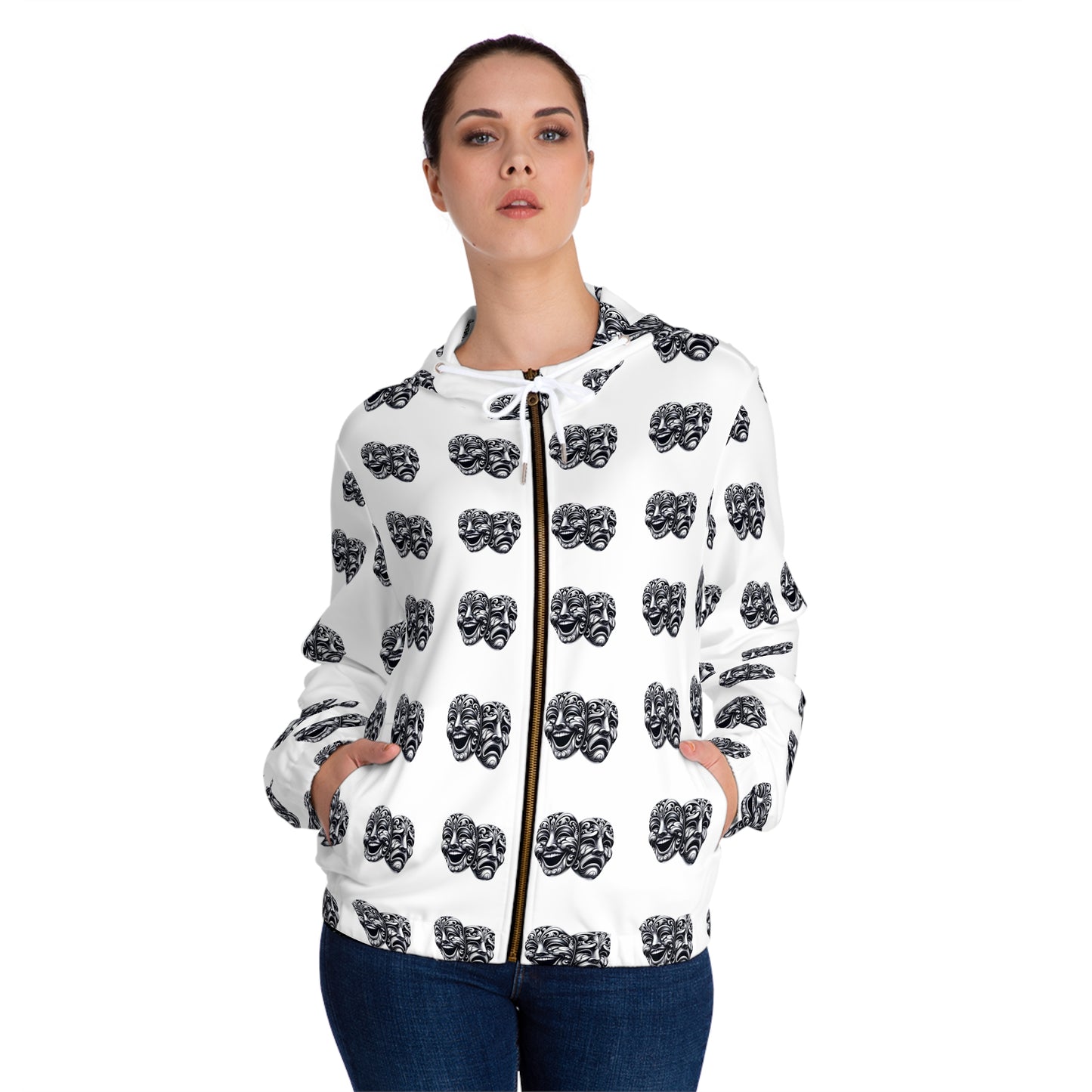 Sweat à capuche entièrement zippé avec motifs de masques de théâtre