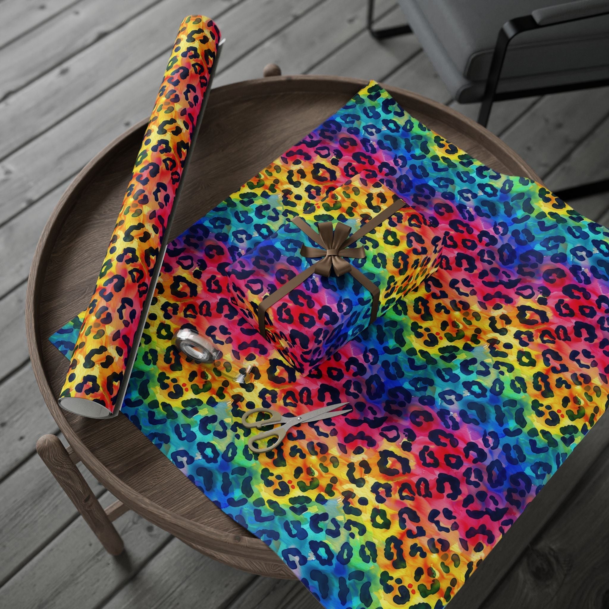 Bespattered Facade Rainbow Watercolor Leopard Wrapping Paper | Three Sizes | Glossy or Matte