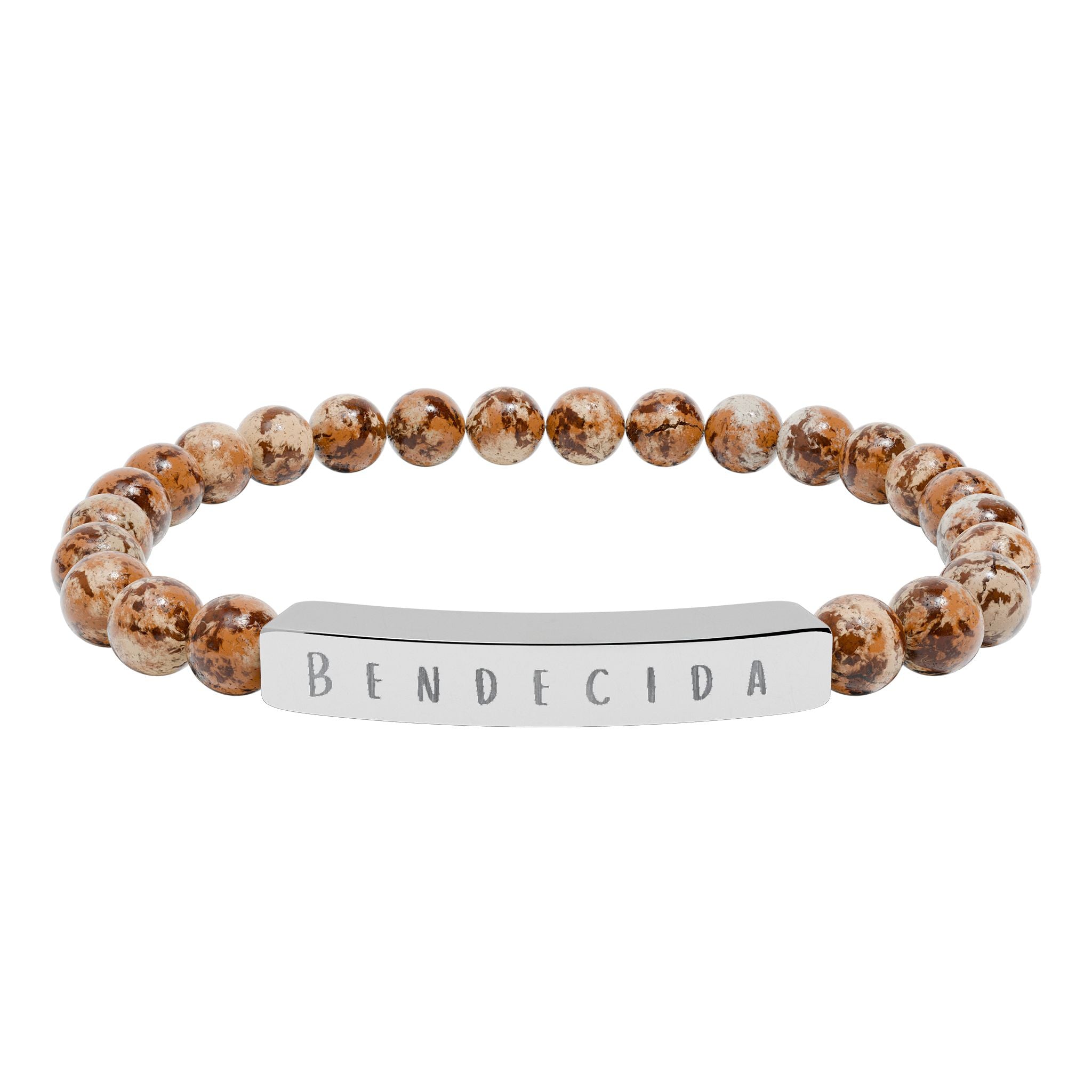 Bendecida (Blessed) Spanish Engraved Natural Stone Stretch Bar Bracelet – Beaded Bracelet