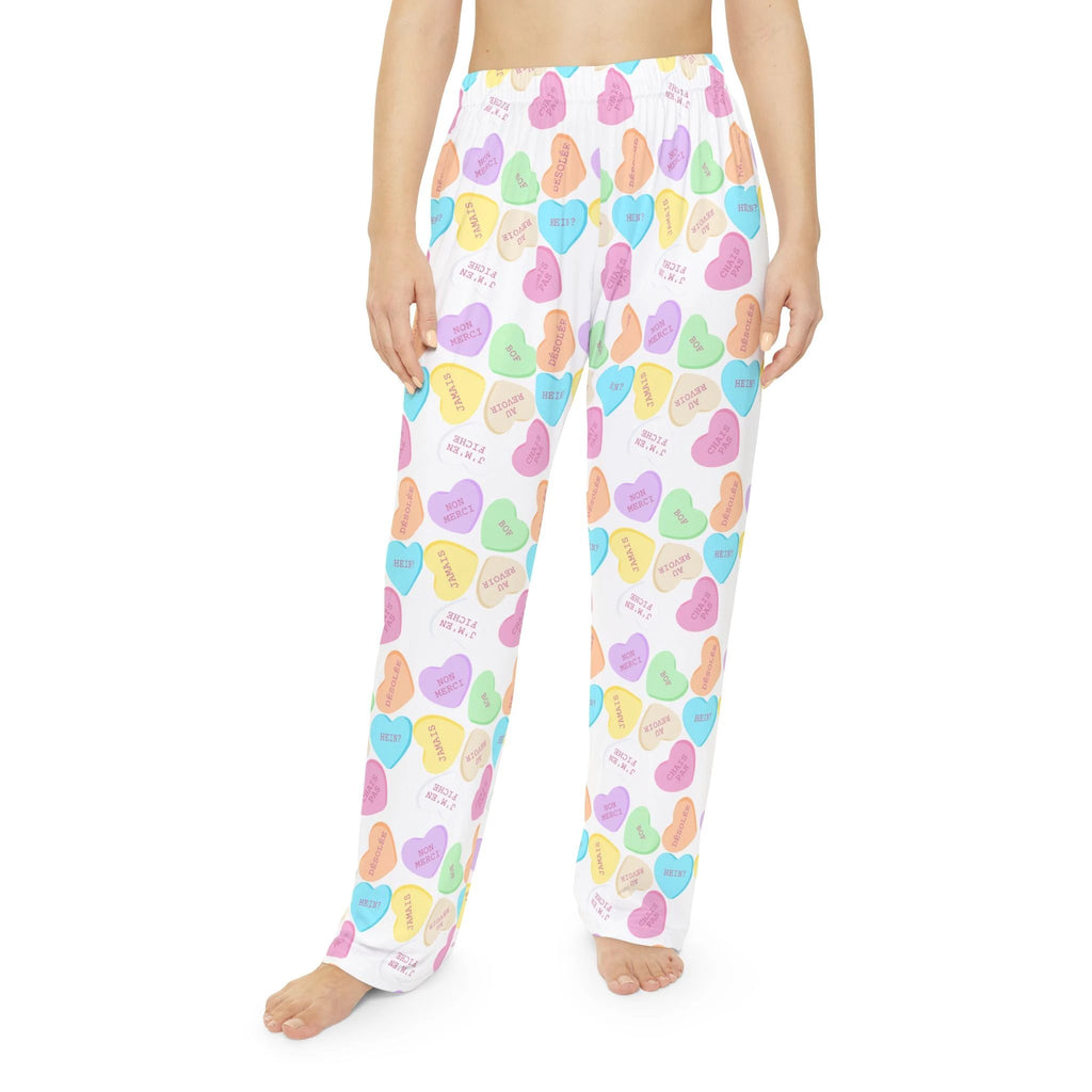 Sassy French Candy Heart Pajama Pants, Pastel Conversation Hearts Print Sleepwear by Printify