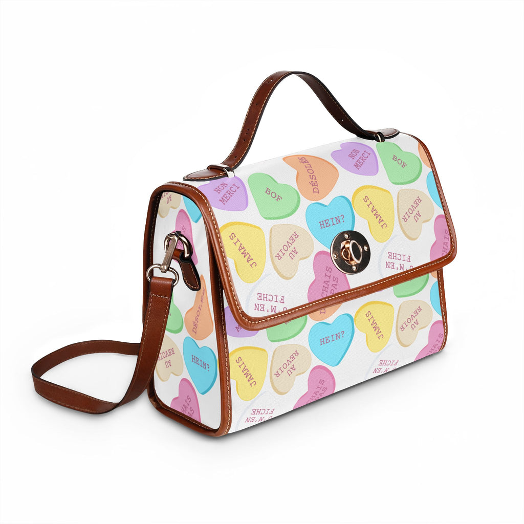 Sassy French Conversation Heart Pattern Waterproof Canvas purse, Pastel Candy Hearts Purse