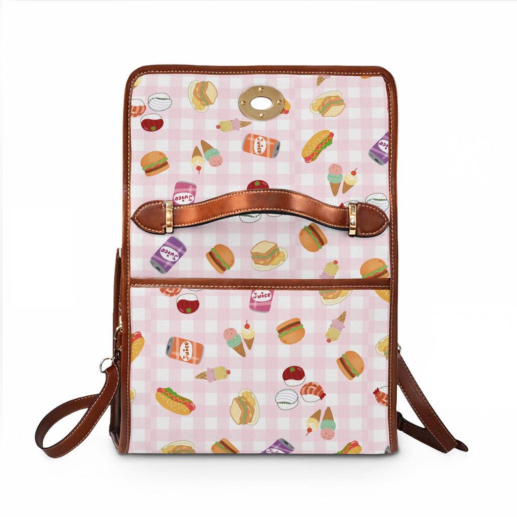 Foodie Picnic Snacks pink gingham Pattern Waterproof Canvas purse with top handle and shoulder strap, vegan leather foodie accessory