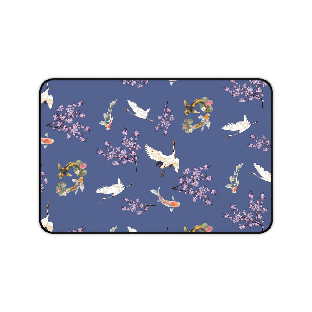 Elegant Cranes, Koi fish, and Cherry Blossom Desk Mat, Blue Floral Desk Pad
