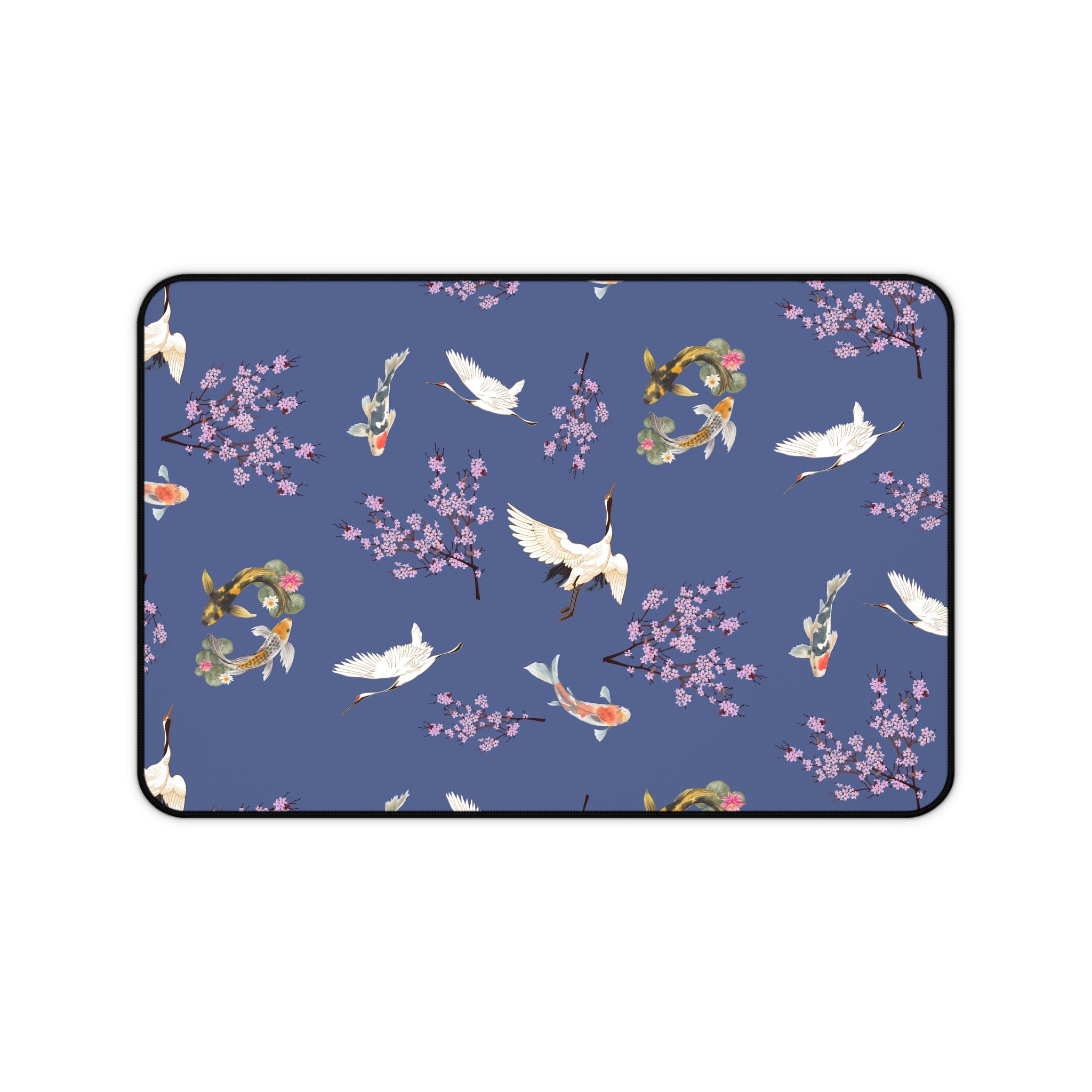 Elegant Cranes, Koi fish, and Cherry Blossom Desk Mat, Blue Floral Desk Pad