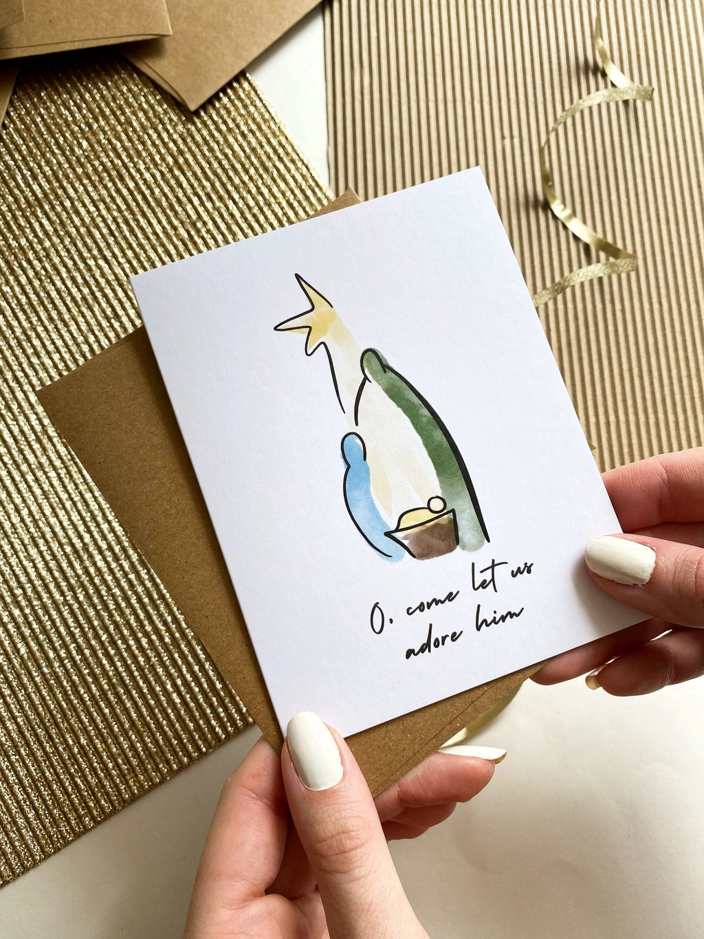 Nativity Christmas Card Come Let Us Adore Him Card Holiday Card by Five Dot Post
