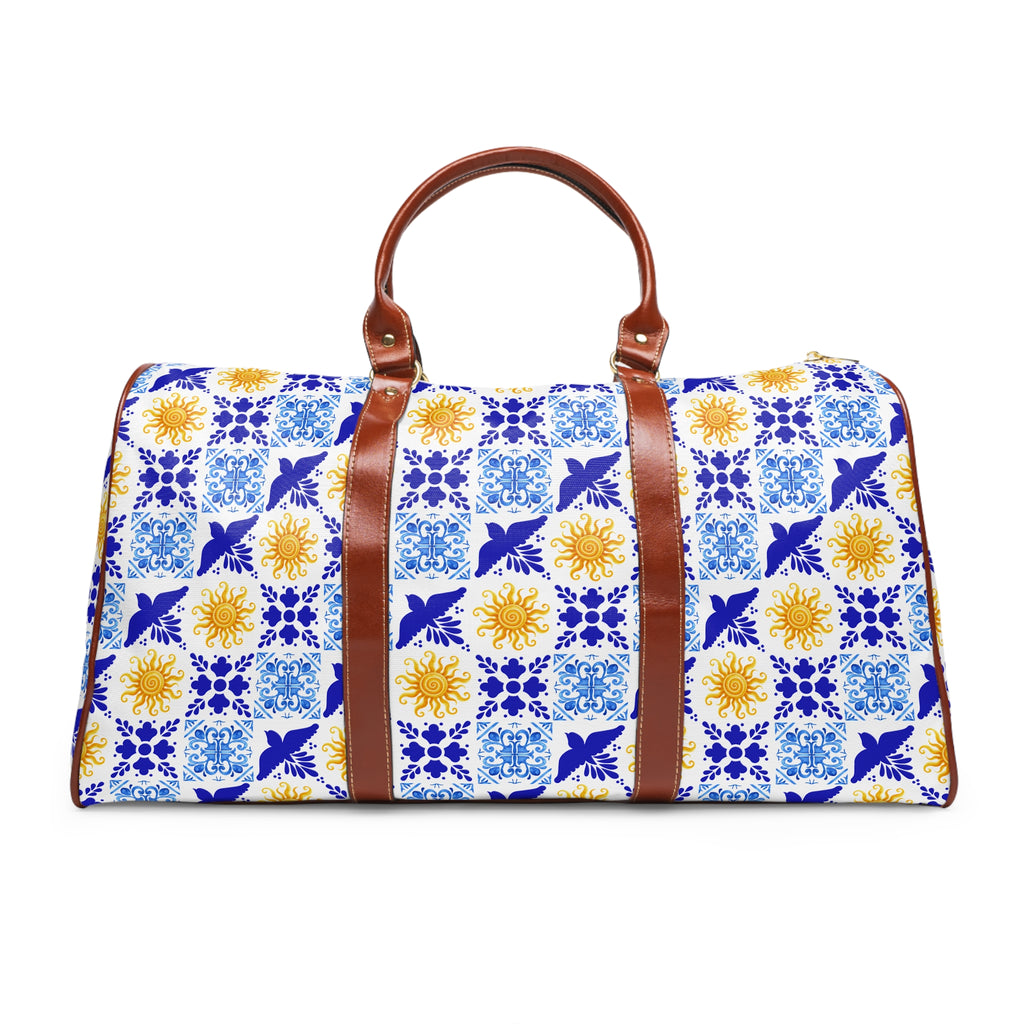 Talavera Sol Tile Print Waterproof Travel Bag, Duffle with Sun and Bird Pattern