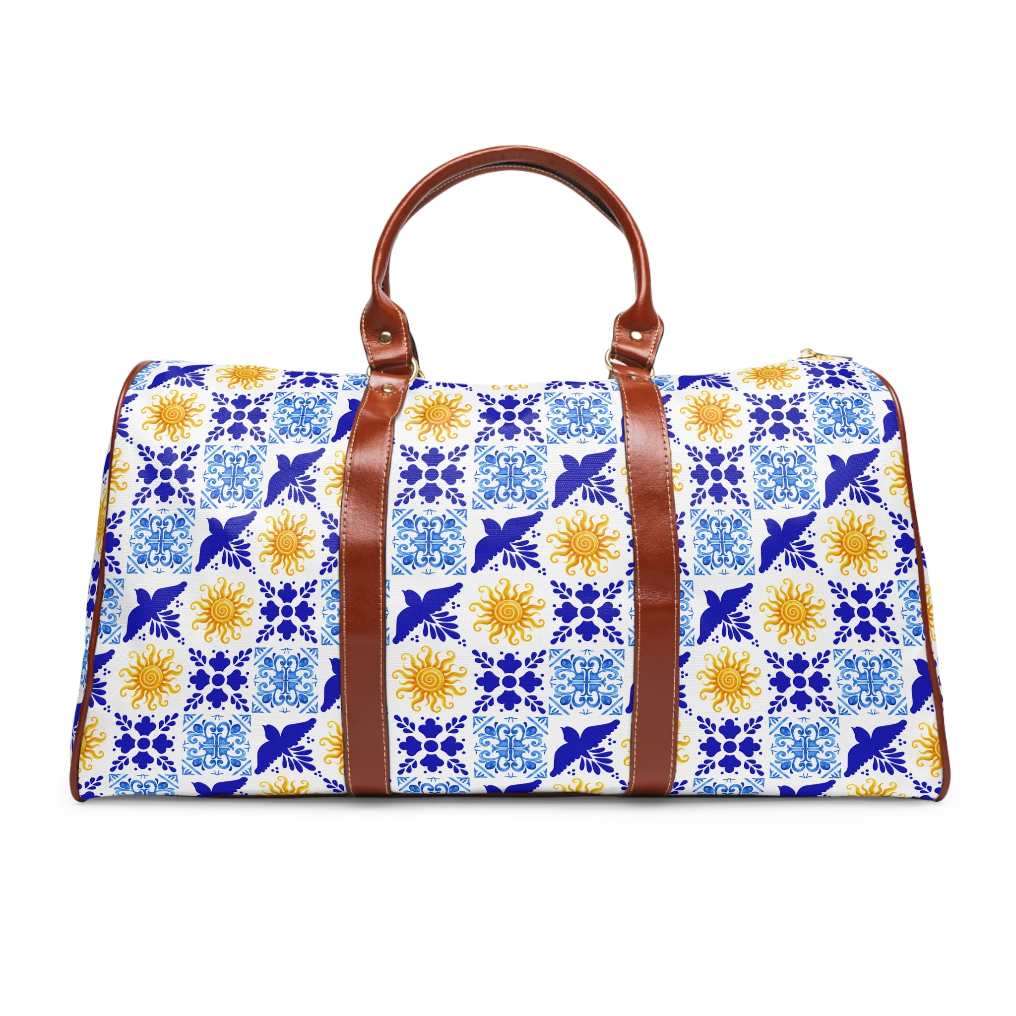 Talavera Sol Tile Print Waterproof Travel Bag, Duffle with Sun and Bird Pattern